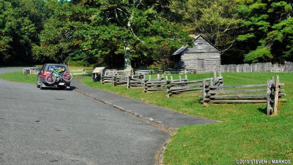 Small parking area at Puckett Cabin on the Blue Ridge Parkway