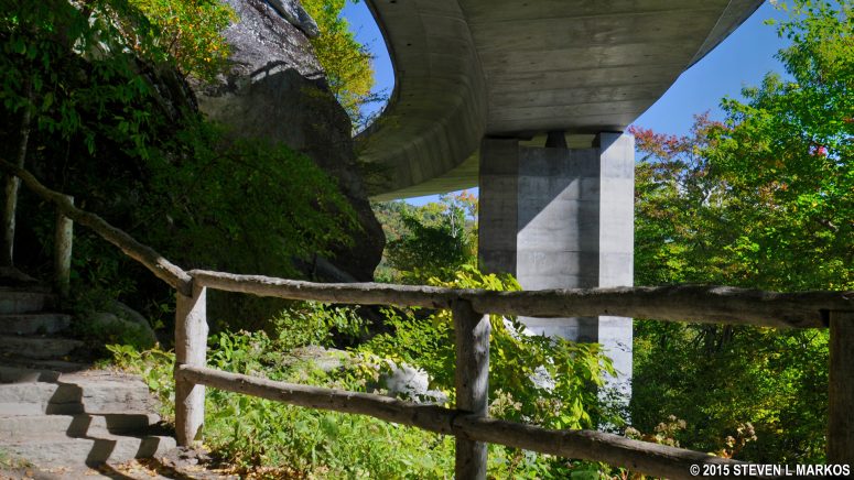 View of the underside of the Blue Ridge Parkway's Linn Cove Viaduct from the observation area at the end of the Linn Cove Viaduct Overlook Trail