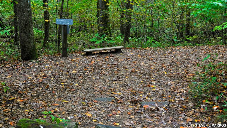Trail sign marks the start of the loop portion of the Crabtree Falls Loop Trail on the Blue Ridge Parkway