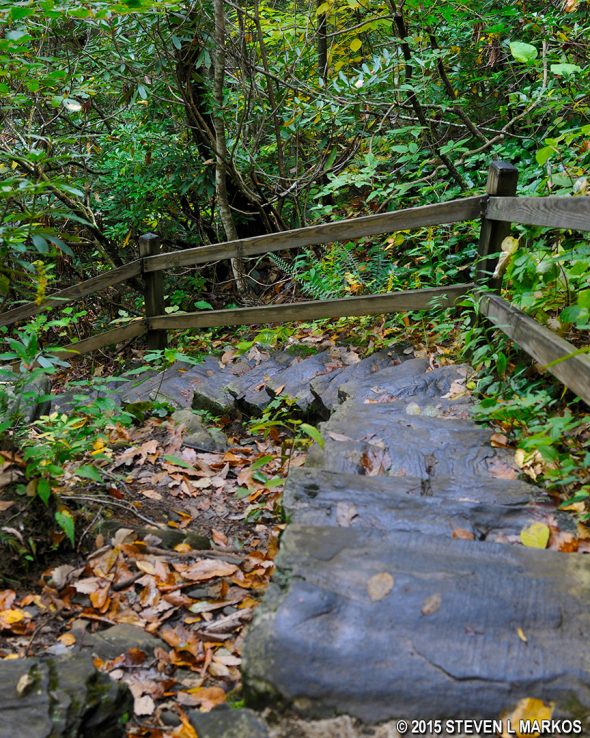Stairs mark the start of the strenuous portion of the Crabtree Falls Loop Trail on the Blue Ridge Parkway