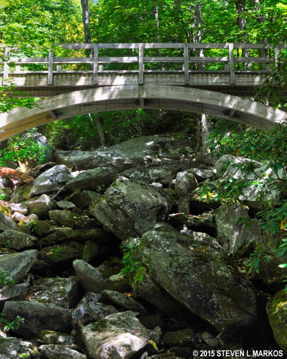 Boulders of all size lie on the path between the bridge and the Wilson Creek, Blue Ridge Parkway