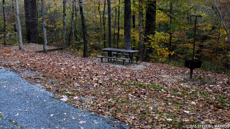 Campsite located downhill from the parking area at Jeff Busby Park Campground