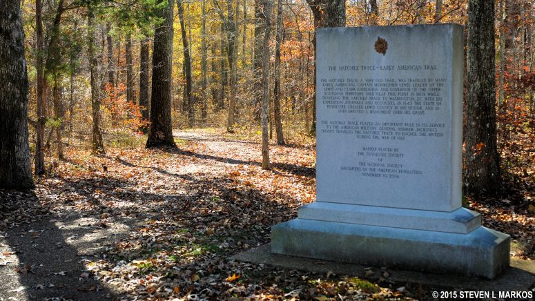 Natchez Trace Monument sits next to the trail back to the parking lot