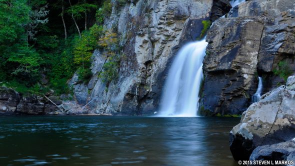 View of the Blue Ridge Parkway's Linville Falls from the bottom of Linville Gorge