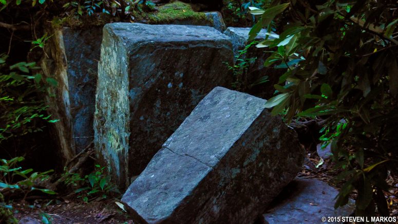 Granite slabs mark the turn on the Blue Ridge Parkway's Linville Gorge Trail that leads upriver to the falls