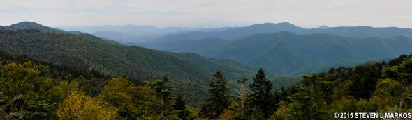 Panoramic view across the Blue Ridge Parkway at Beartrail Ridge Overlook (click to enlarge)