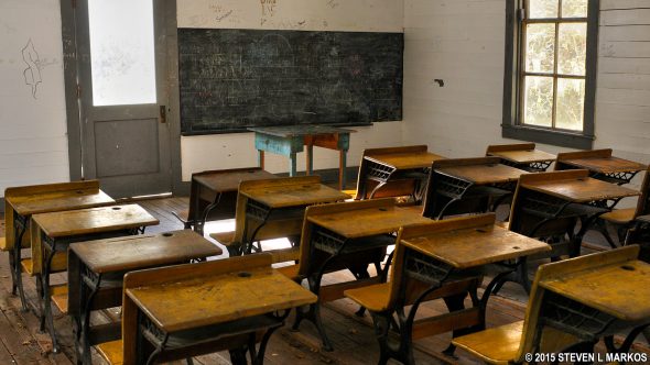 Old-style school desks inside the Beech Grove School in the Cataloochee region of Great Smoky Mountains National Park