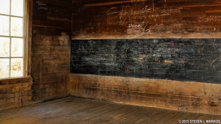Graffiti mars the old chalk board at the Beech Grove School in the Cataloochee region of Great Smoky Mountains National Park