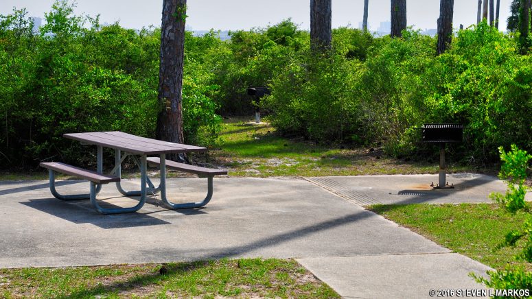 Picnic table with grill at Naval Live Oaks, Gulf Islands National Seashore