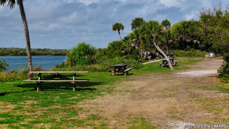 Picnic tables along Mosquito Lagoon near Turtle Mound at Canaveral National Seashore