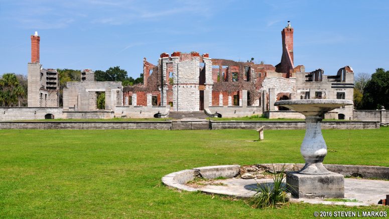 Fountain and view of the Dungeness Manion's backyard, Cumberland Island National Seashore