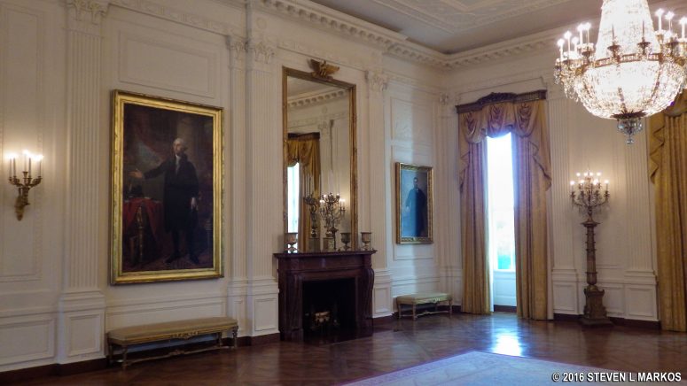 Portrait of George Washington by Gilbert Stuart on display in the East Room of the White House