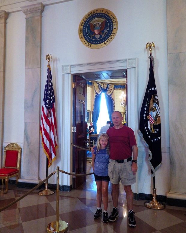 National Park Planner's Steve Markos and daughter Sasha at the White House's Blue Room entrance
