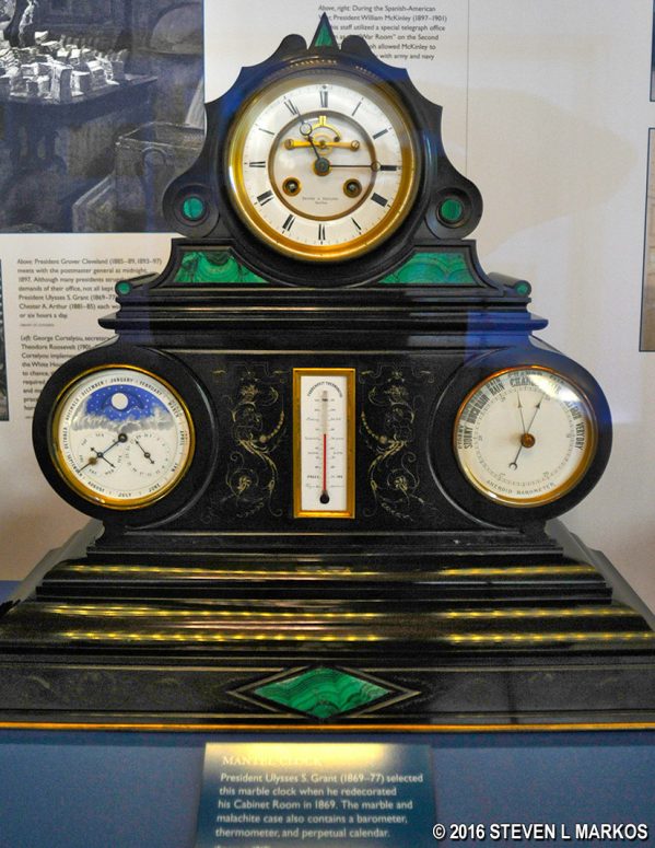Marble clock owned by President Ulysses S. Grant on display inside the White House Visitor Center