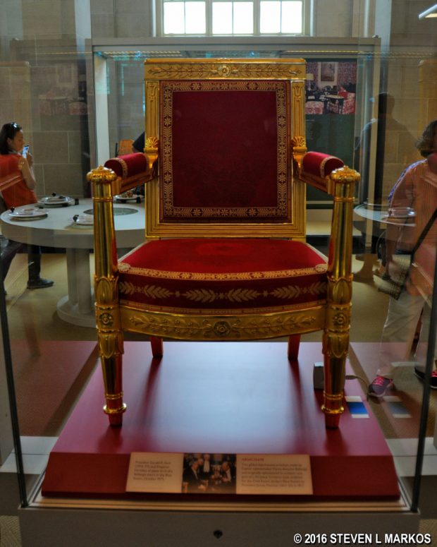 Chair ordered by President James Monroe in 1817 on display inside the White House Visitor Center