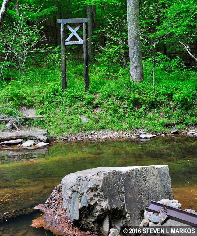 Pillar of an old bridge at a creek long the Birch Bluff Trail in Prince William Forest Park