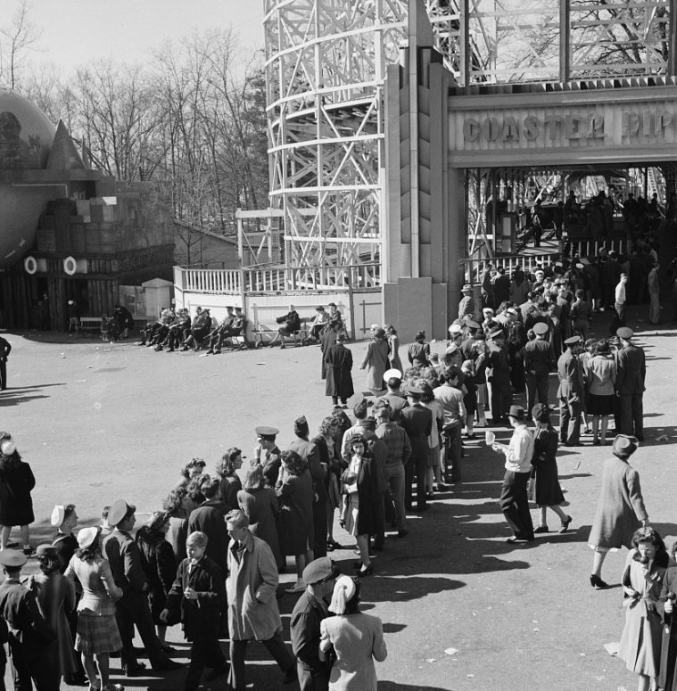 Waiting in line to ride the Coaster Dips, April 1943 (Library of Congress, Prints & Photographs Division, FSA/OWI Collection, LC-DIG-fsa-8d28117)