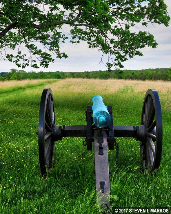 Confederate cannon at Battery Heights aims toward Union soldiers attacking at Deep Cut, Manassas National Battlefield Park