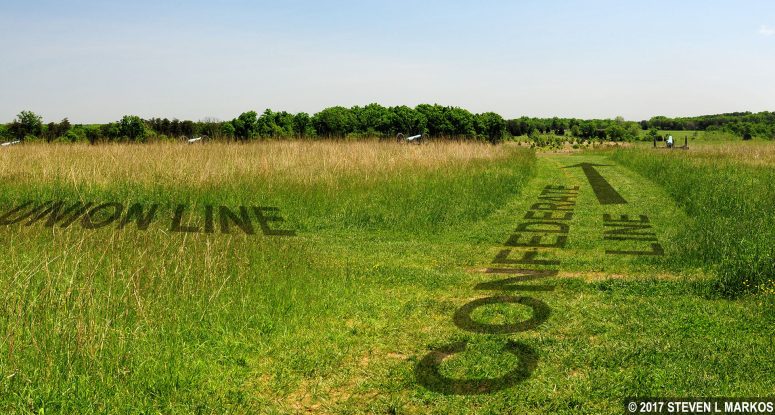 Intersection with the Union battle line at the start of the loop portion of the Henry Hill Loop Trail in Manassas National Battlefield Park