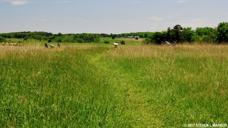The First Manassas Trail follows the Union line just above the Rhode Island Artillery Battery, Manassas National Battlefield Park
