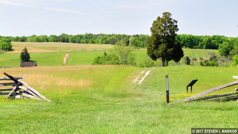 Pass through the rail fence near the Henry House to stay on the Henry Hill Loop Trail, Manassas National Battlefield Park