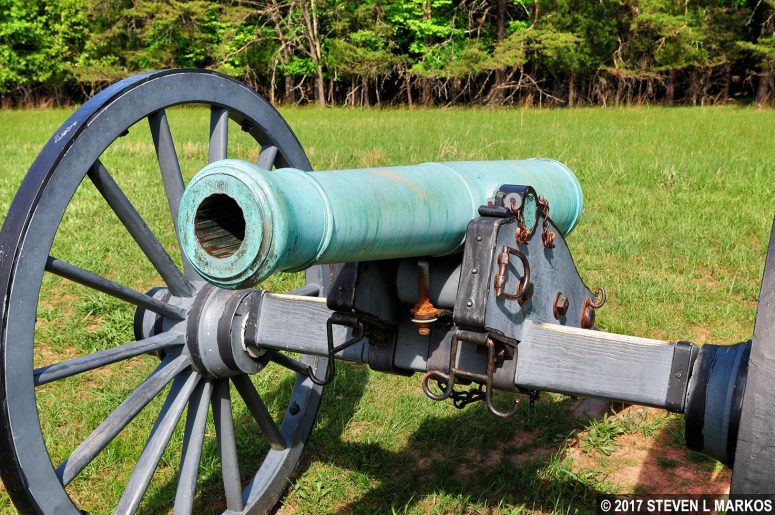 Civil War-era cannon near the intersection of the First Manassas Trail and the Henry Hill Loop Trail in Manassas National Battlefield Park