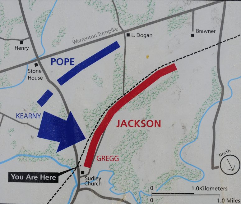 August 29th Second Manassas battle map of the Sudley Church area (click to enlarge)