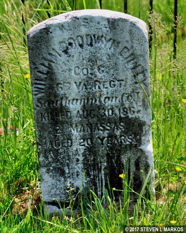 Grave of William Rilley, killed at Second Manassas on August 30, 1862, in the Groveton Confederate Cemetery, Manassas National Battlefield Park