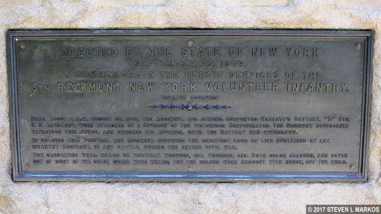 Memorial plaque on the 5th Regiment New York Volunteers Monument at Manassas National Battlefield Park