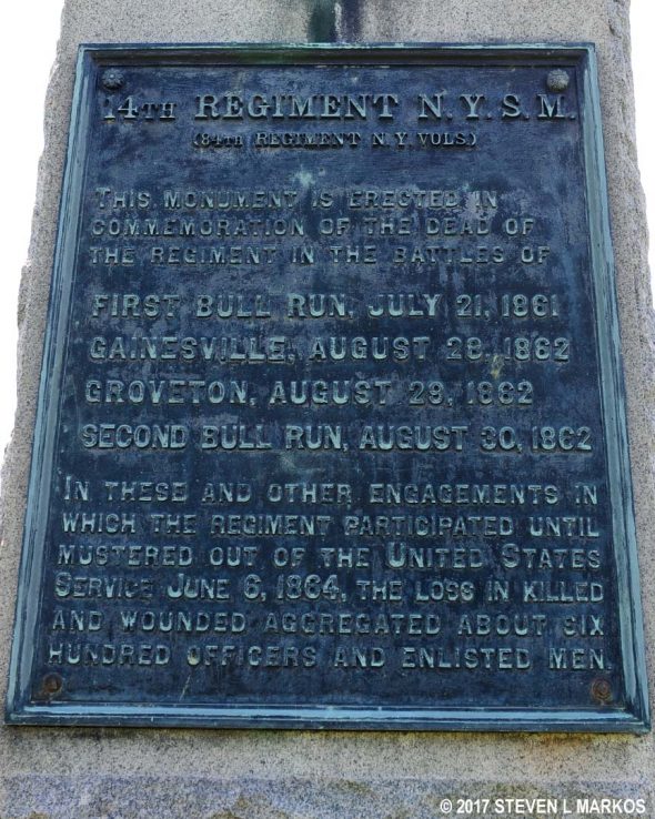 Memorial plaque on the 14th Brooklyn Monument in Manassas National Battlefield Park