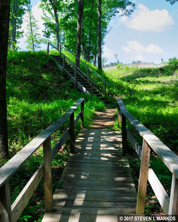 Stairs on the Second Manassas Trail lead up to the elevated bed of the Unfinished Railroad, Manassas National Battlefield Park