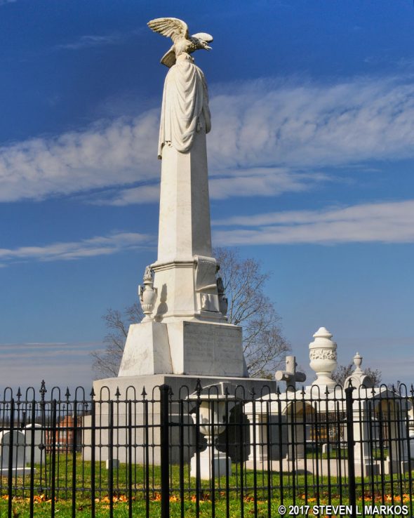 A tall memorial marks Andrew and Eliza Johnson's graves at Andrew Johnson National Cemetery