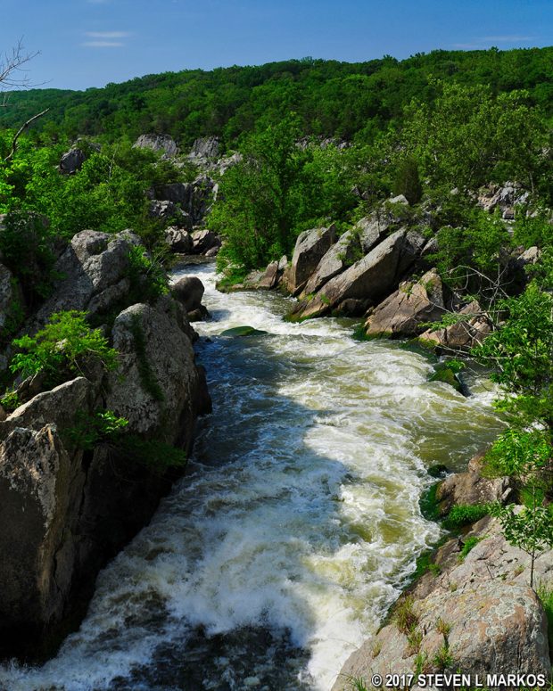 View of the Potomac River from the footbridge on the Olmstead Island Brides Trail in Chesapeake and Ohio Canal National Historical Park