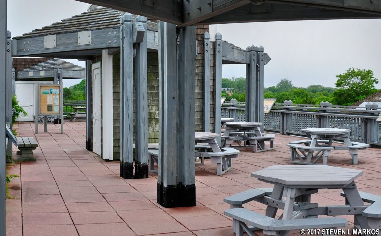 Picnic tables on the upper deck of Sandy Hook's North Beach concession stand, Gateway National Recreation Area