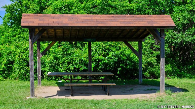 Covered picnic tables at Goldenrod section of Camp Gateway Brooklyn, Gateway National Recreation Area