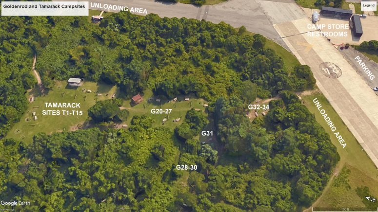 Satellite view of the Goldenrod and Tamarack campgrounds at Camp Gateway Brooklyn