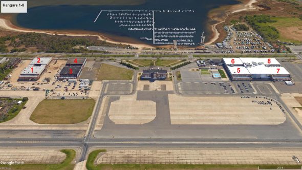 Satellite view of the original 8 airplane hangars at Floyd Bennett Field