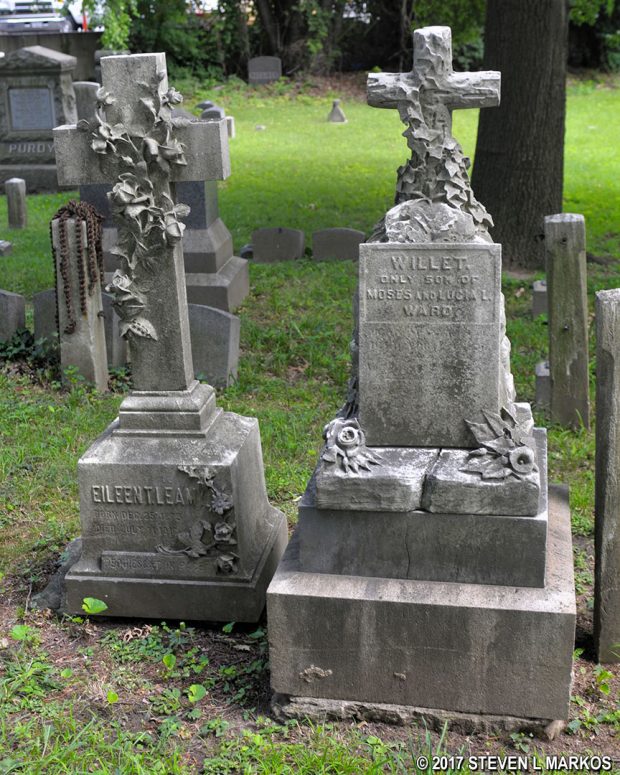 Elegantly carved markers for Eileen Lemay (1916) and Willet Ward (??) in Saint Paul's Cemetery, Saint Paul's Church National Historic Site