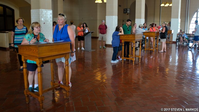 Inspector podiums in the Ellis Island Registry Room, Ellis Island National Museum of Immigration