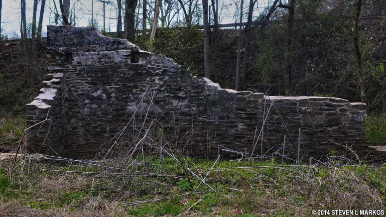 Stone wall of the Ivy Mills ruins in the Vickery Creek unit of Chattahoochee River National Recreation Area