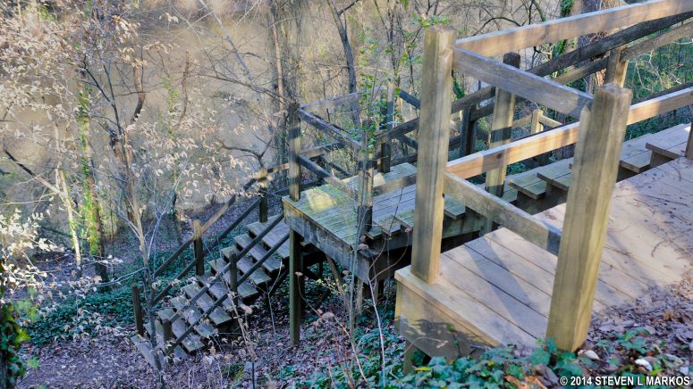 Wooden staircase at intersection AL 5 that leads down to Big Creek in the Allenbrook section of Chattahoochee River National Recreation Area's Vickery Creek Unit