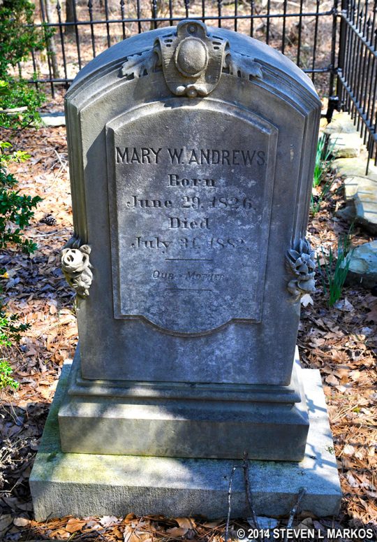 Grave of Mary Andrews (1826-1882) in a cemetery located the Columns Drive section of Chattahoochee River National Recreation Area