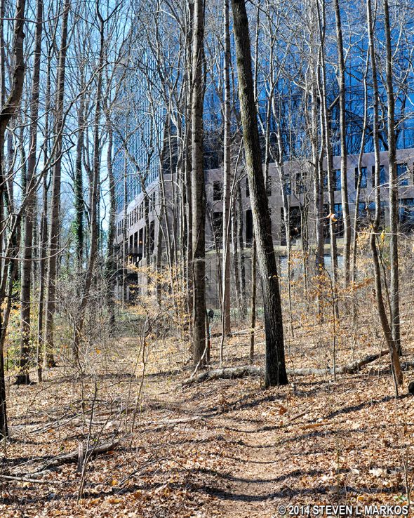 Office building near intersection CS 30 on the Interstate North trails in Chattahoochee River National Recreation Area's Cochran Shoals unit.