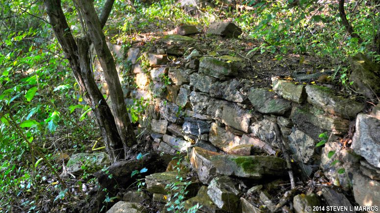Man-made retaining wall between intersections PI 8 and PI 9 on the trails in the Powers Island section of Chattahoochee River National Recreation Area