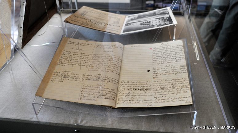 South Carolinian Robert Barnwell Rhett's draft of the Confederate Constitution is on display inside the Fort Sumter Visitor Center at Fort Sumter and Fort Moultrie National Historical Park