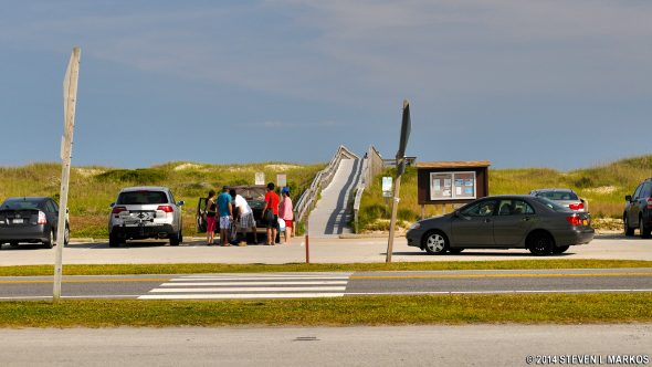 Parking lot and boardwalk near the Pony Pens at Cape Hatteras National Seashore