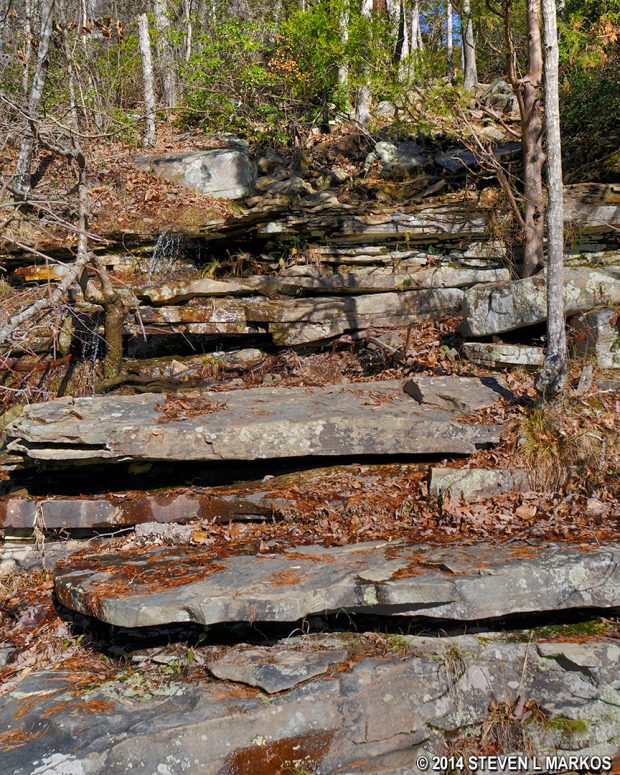 Sandstone ledge along the riverbank at Little Falls, Little River Canyon National Preserve