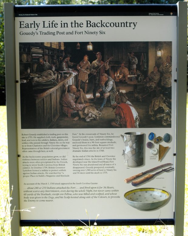 Information panel at the site of Gouedy's trading post, Ninety Six National Historic Site