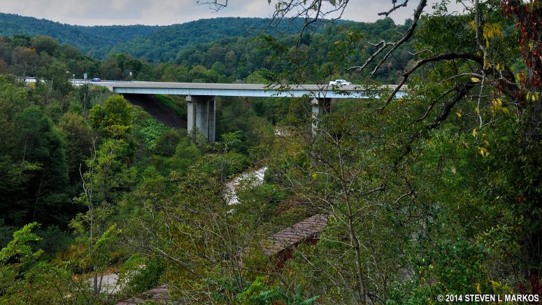 Highway 219 bridge spans the Little Conemaugh River near the former South Fork Dam at Johnstown Flood National Memorial