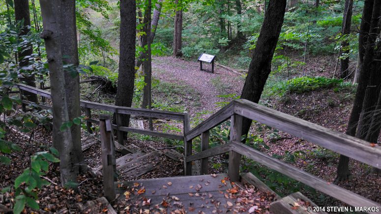View from the top of the staircase at the end of the Walk Through the Woods Trail at Johnstown Flood National Memorial